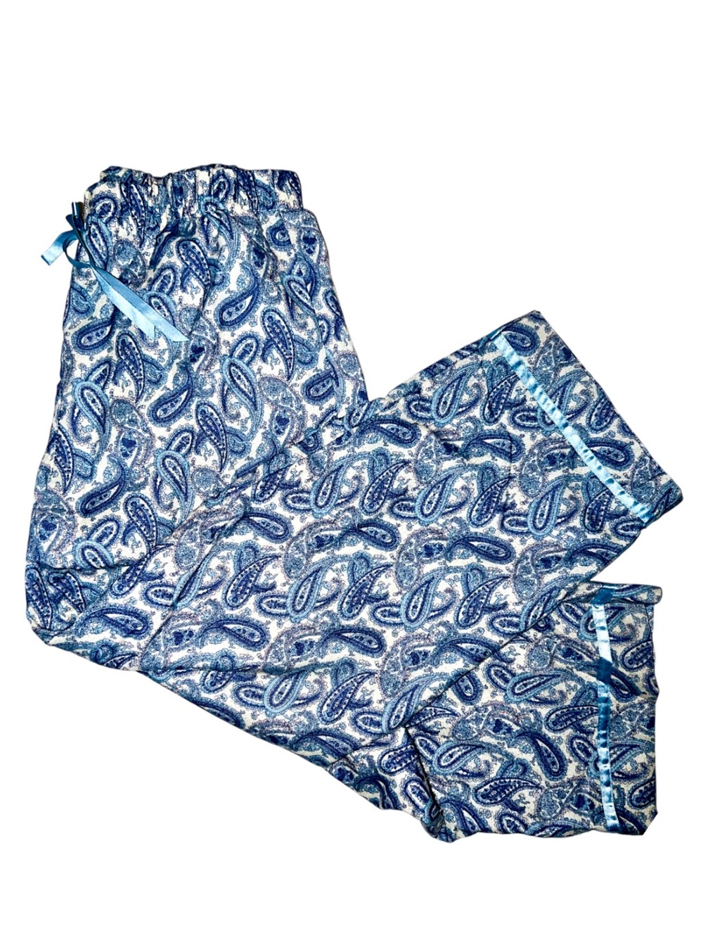 Women's Blue Paisley Print Pajama Pants Size M With Blue Drawing & Matching Trim
